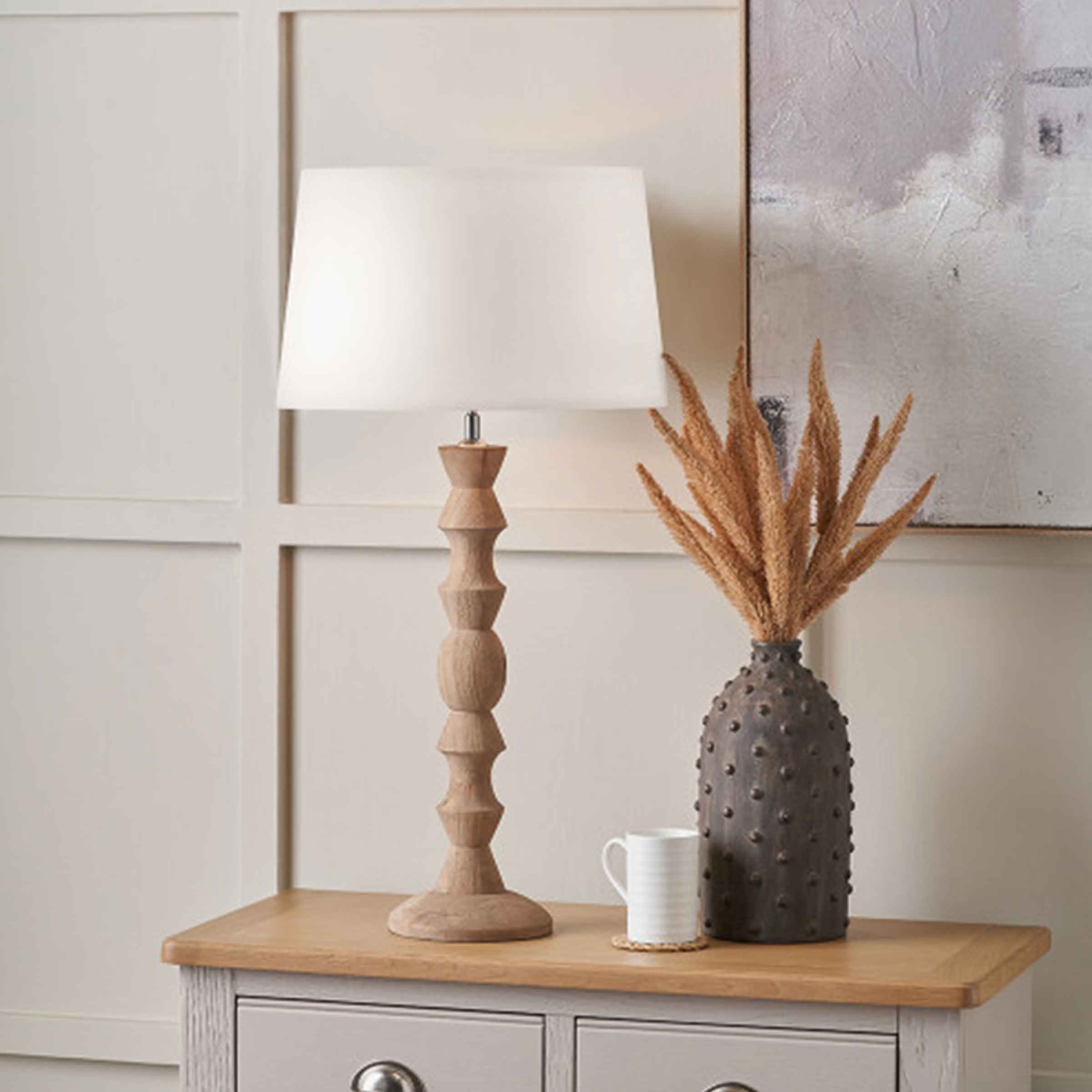 Ayra Turned Mango Wood Table Lamp with White Cotton Shade