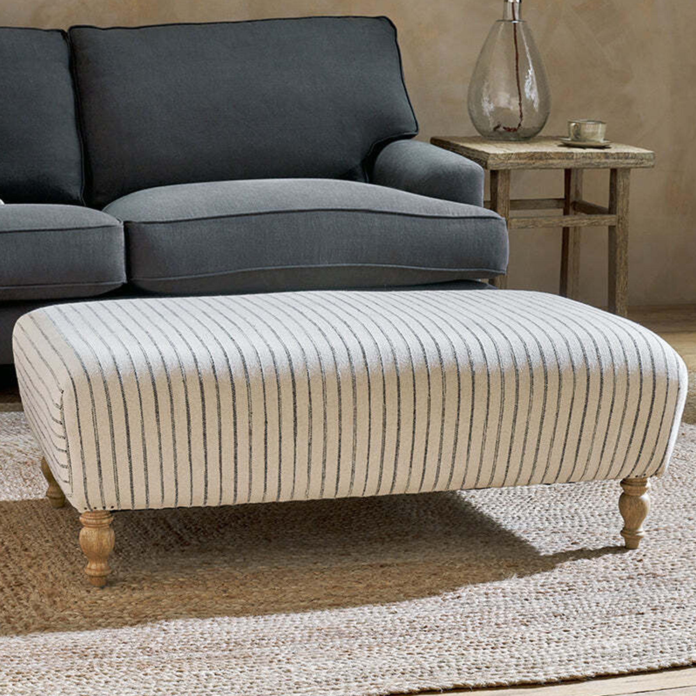 Coastal Striped Linen Ottoman