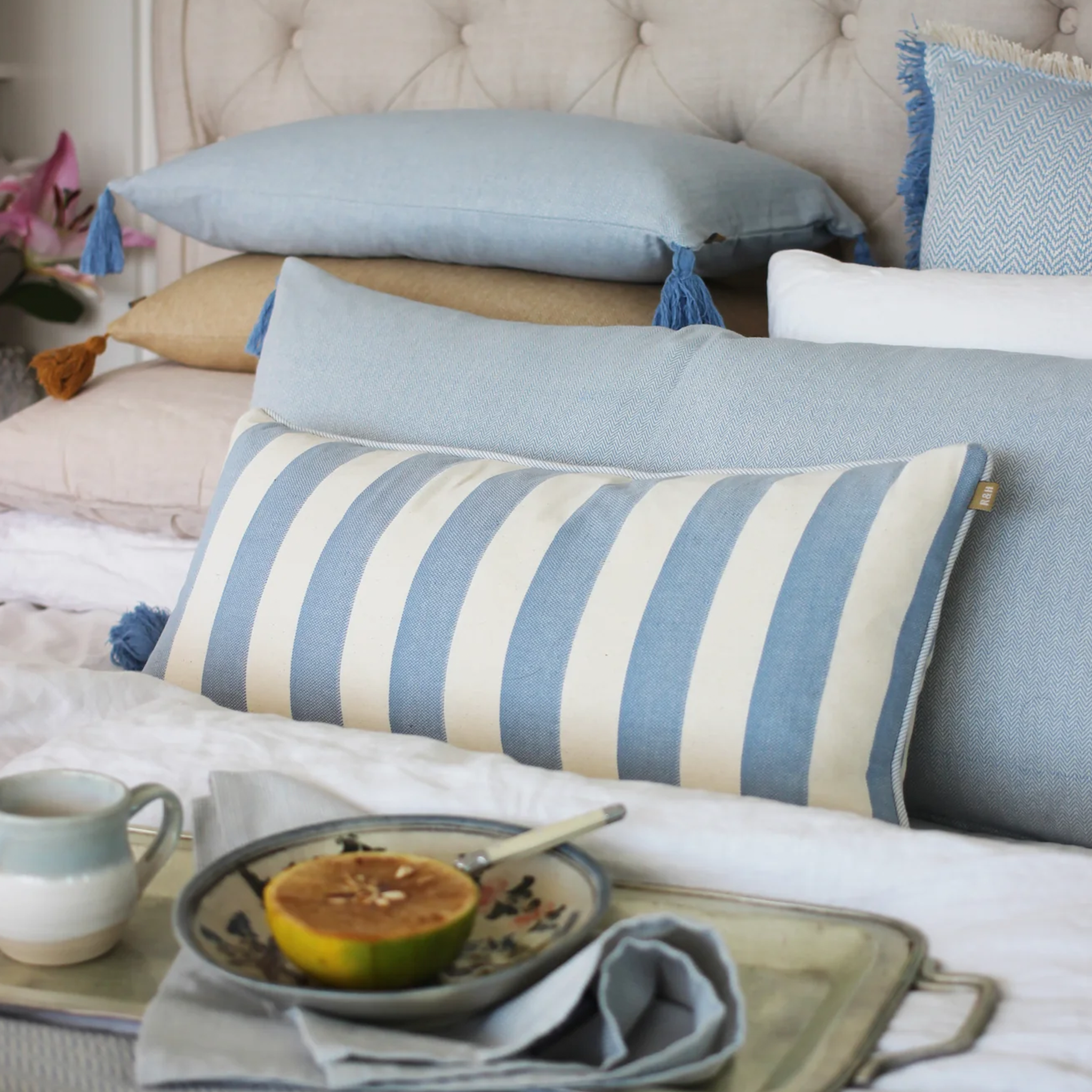 Cotton Herringbone Breakfast Cushion | Blue