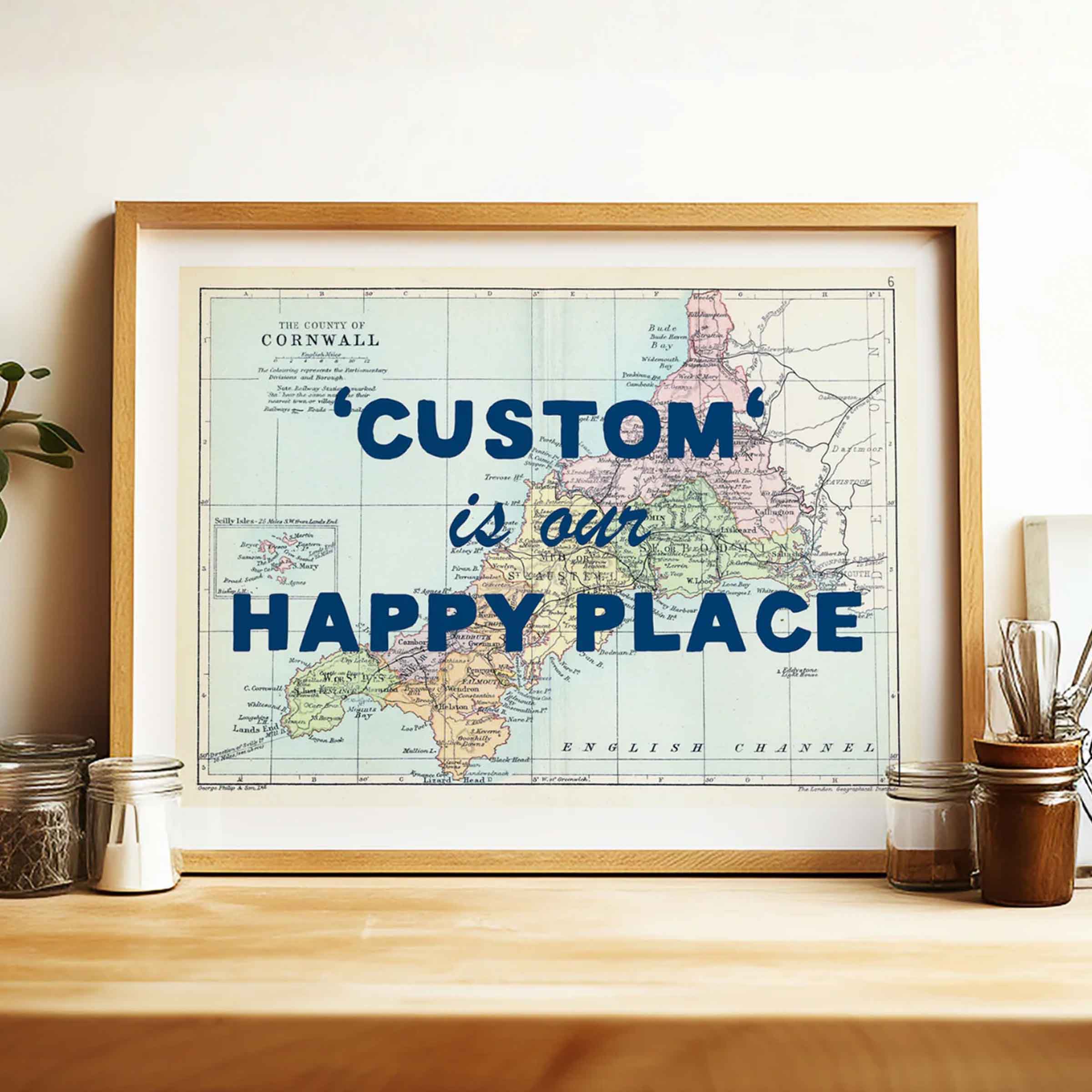 Custom Map Print for Any Location | Personalised Vintage Map Print | Blue Font