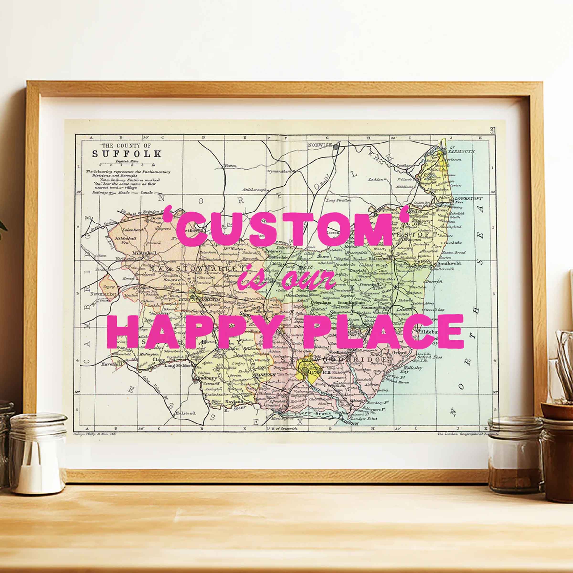 Custom Map Print for Any Location | Personalised Vintage Map Print | Pink Font