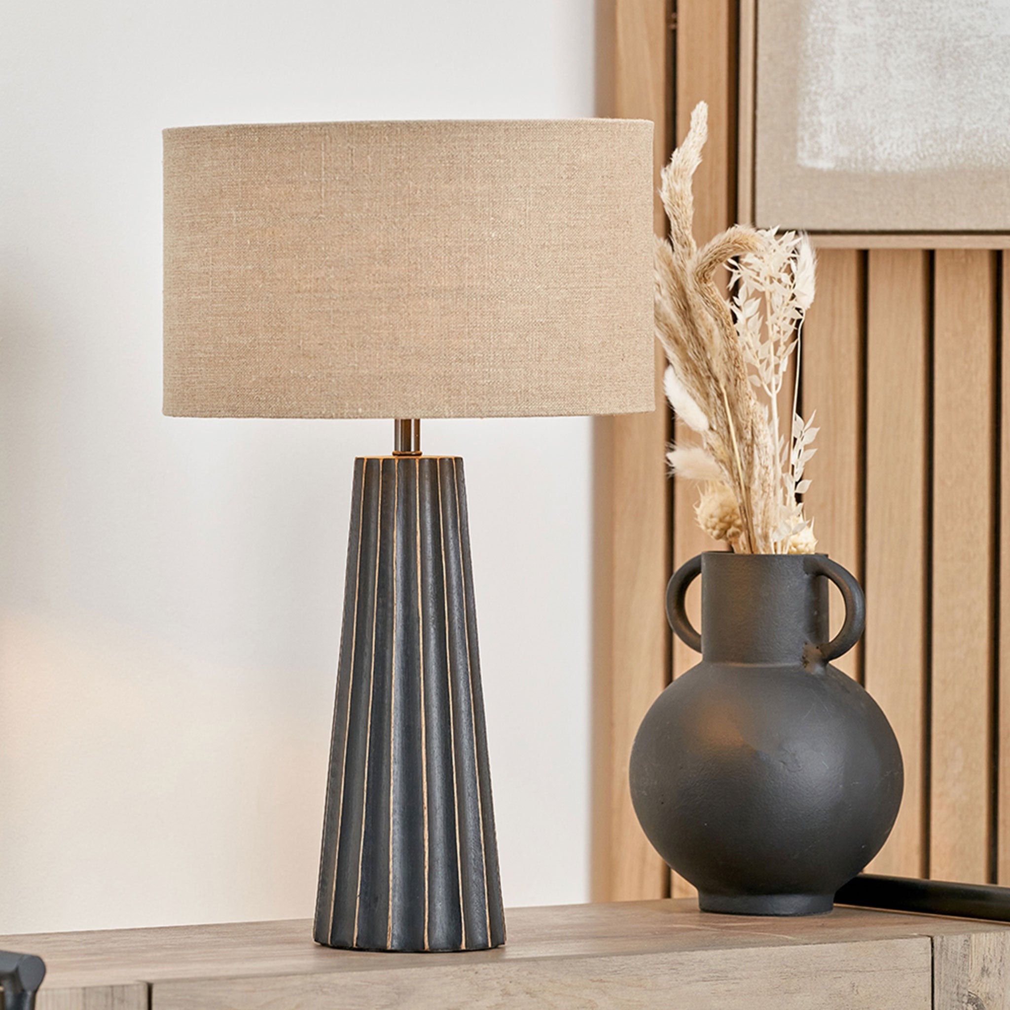 Draydon Black Wash Mango Wood Textured Cone Table Lamp