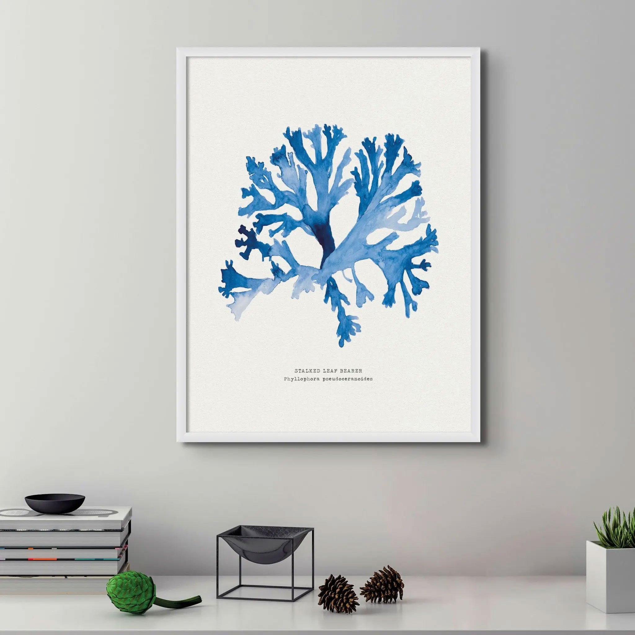 Indigo Seaweed Print Wall Art (Stalked Leaf Bearer) - Framed