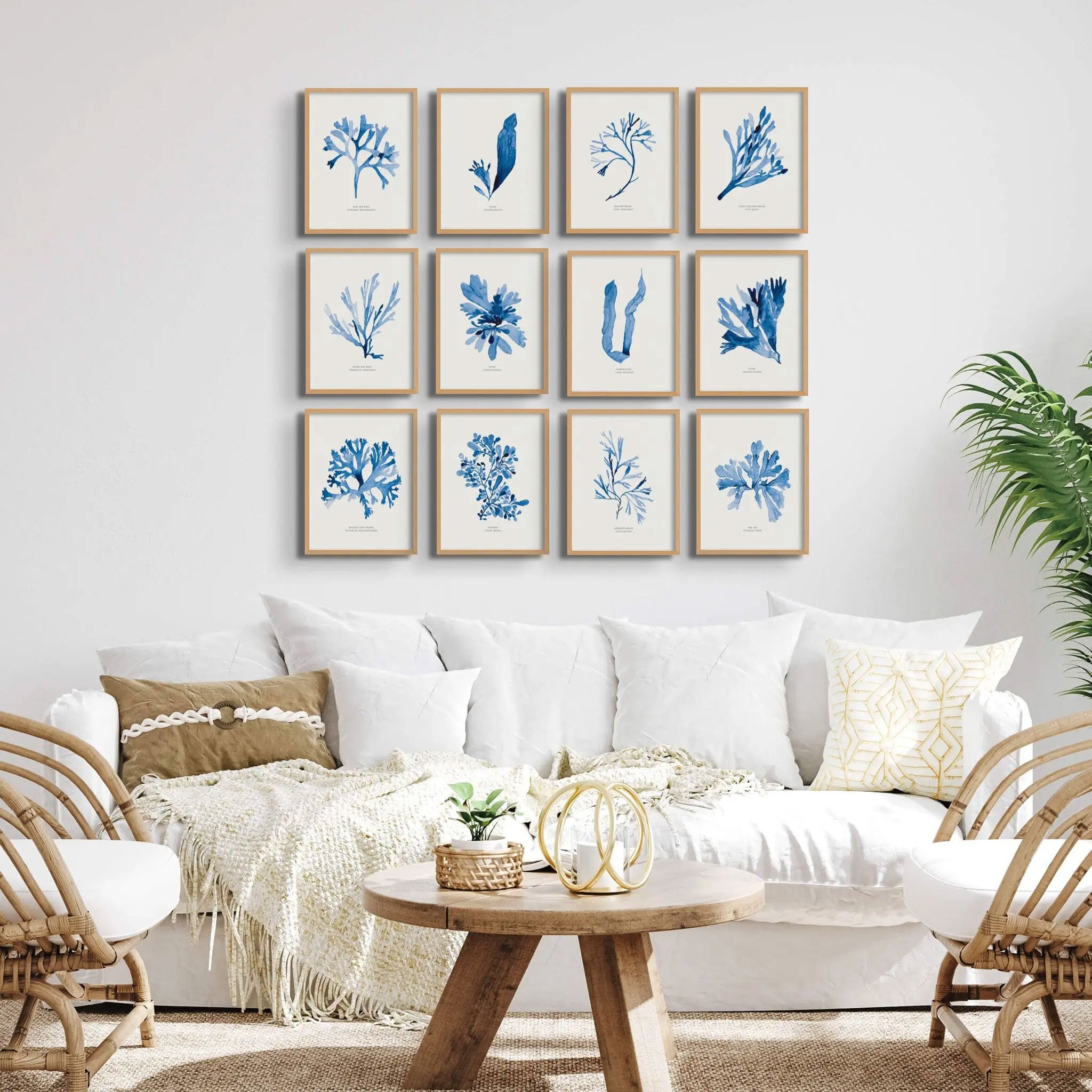 Indigo Seaweed Print Wall Art (Papery Fan Weed) - Framed