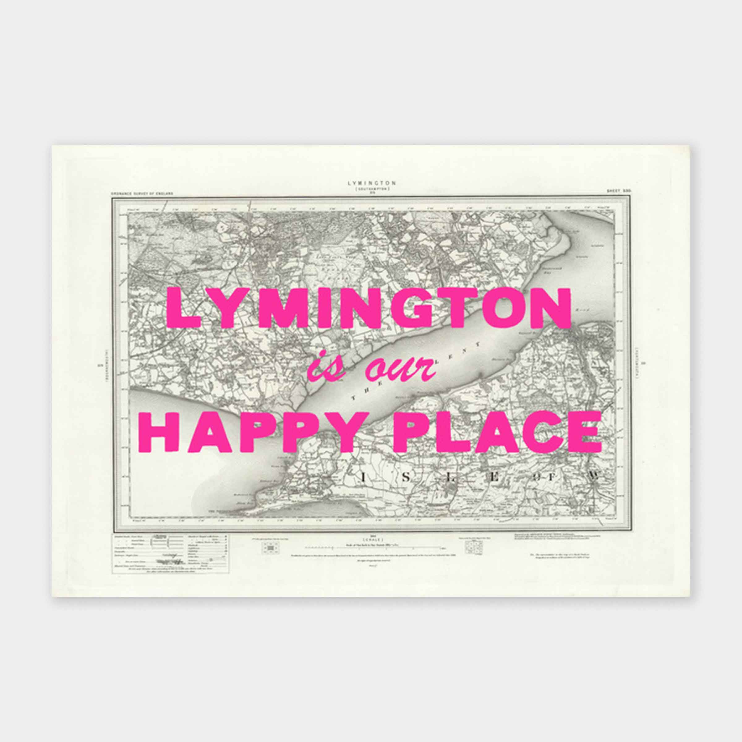 Lymington Our Happy Place | B+W Map Print | Framed