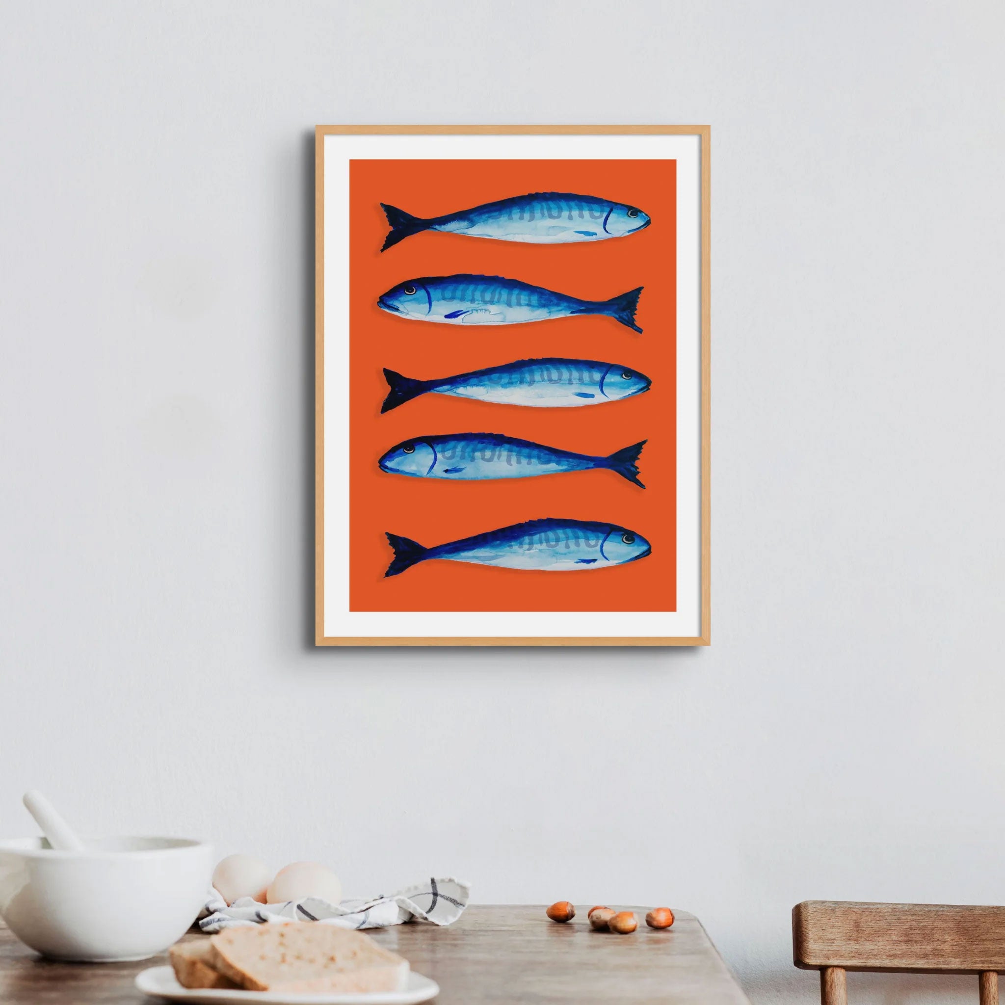 Mackerel Kitchen Art Print Orange - Framed