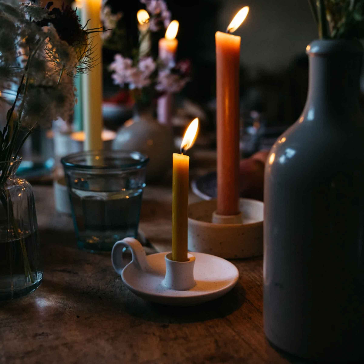 White Speckle Candle Holder with Handle