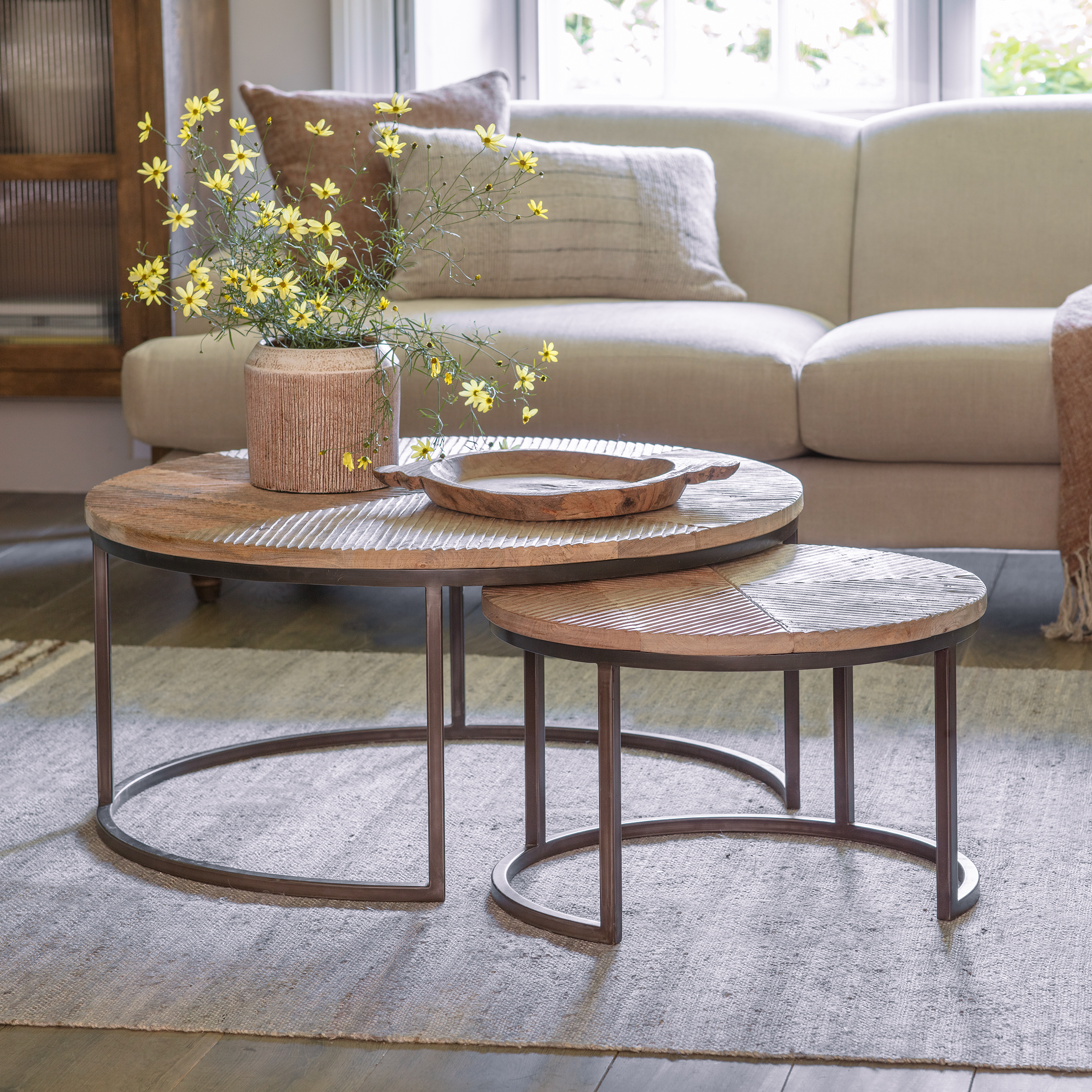 Koeta Nesting Coffee Tables - Hand Carved Mango Wood & Iron