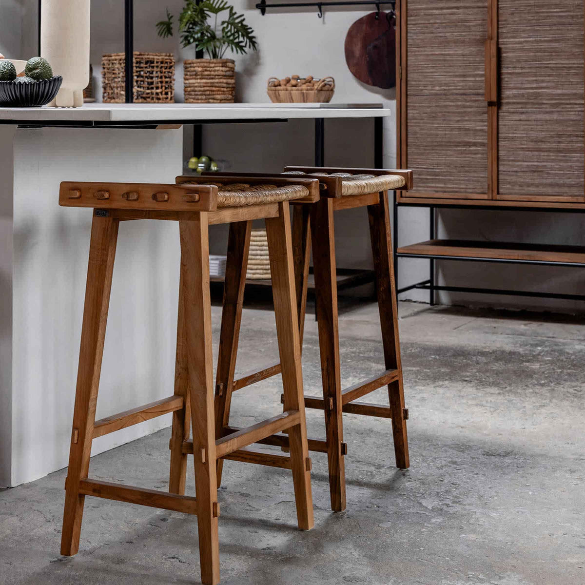 Caterpillar Bar Stool - Handwoven Abaca & Reclaimed Teak