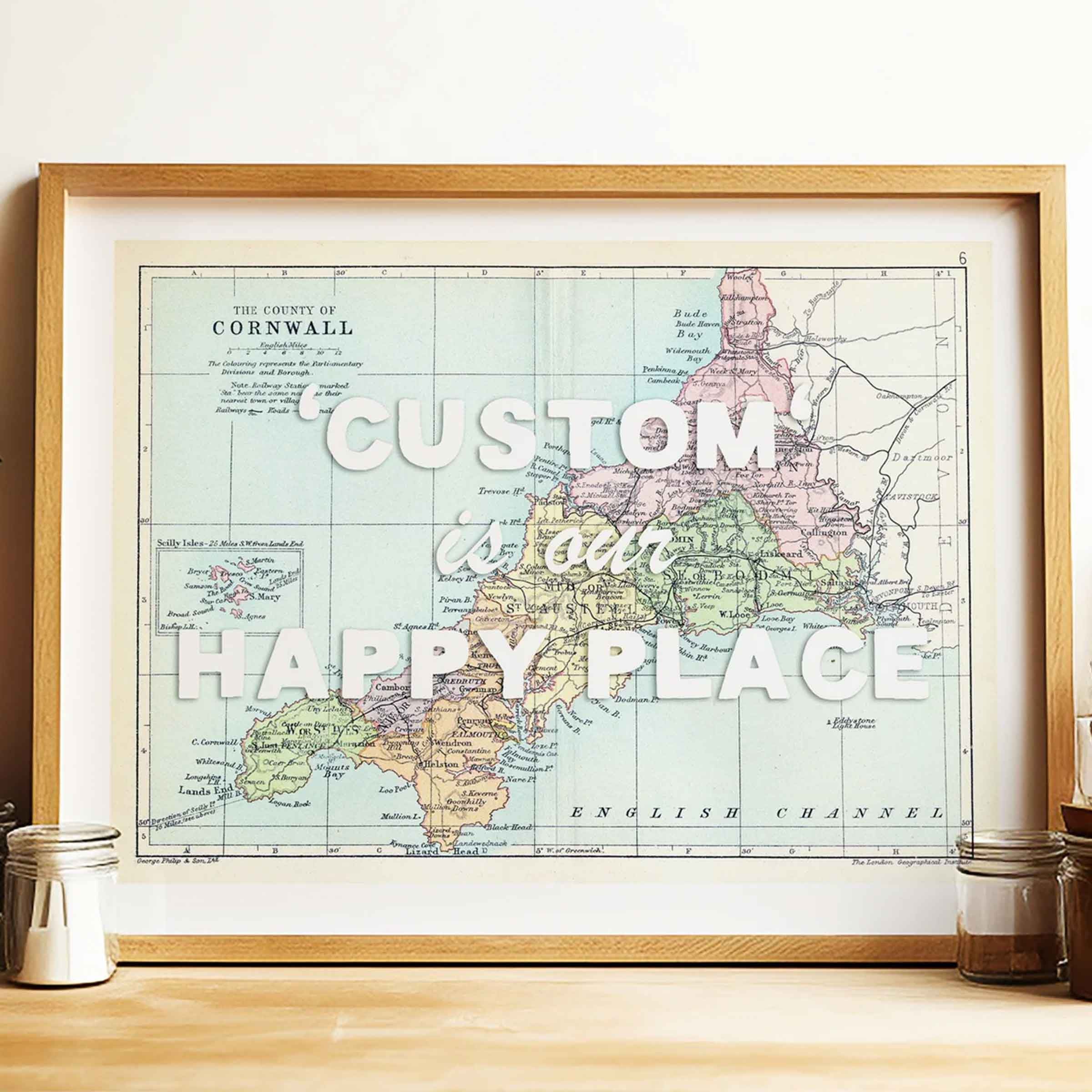 Custom Map Print for Any Location | Personalised Vintage Map Print | White Font