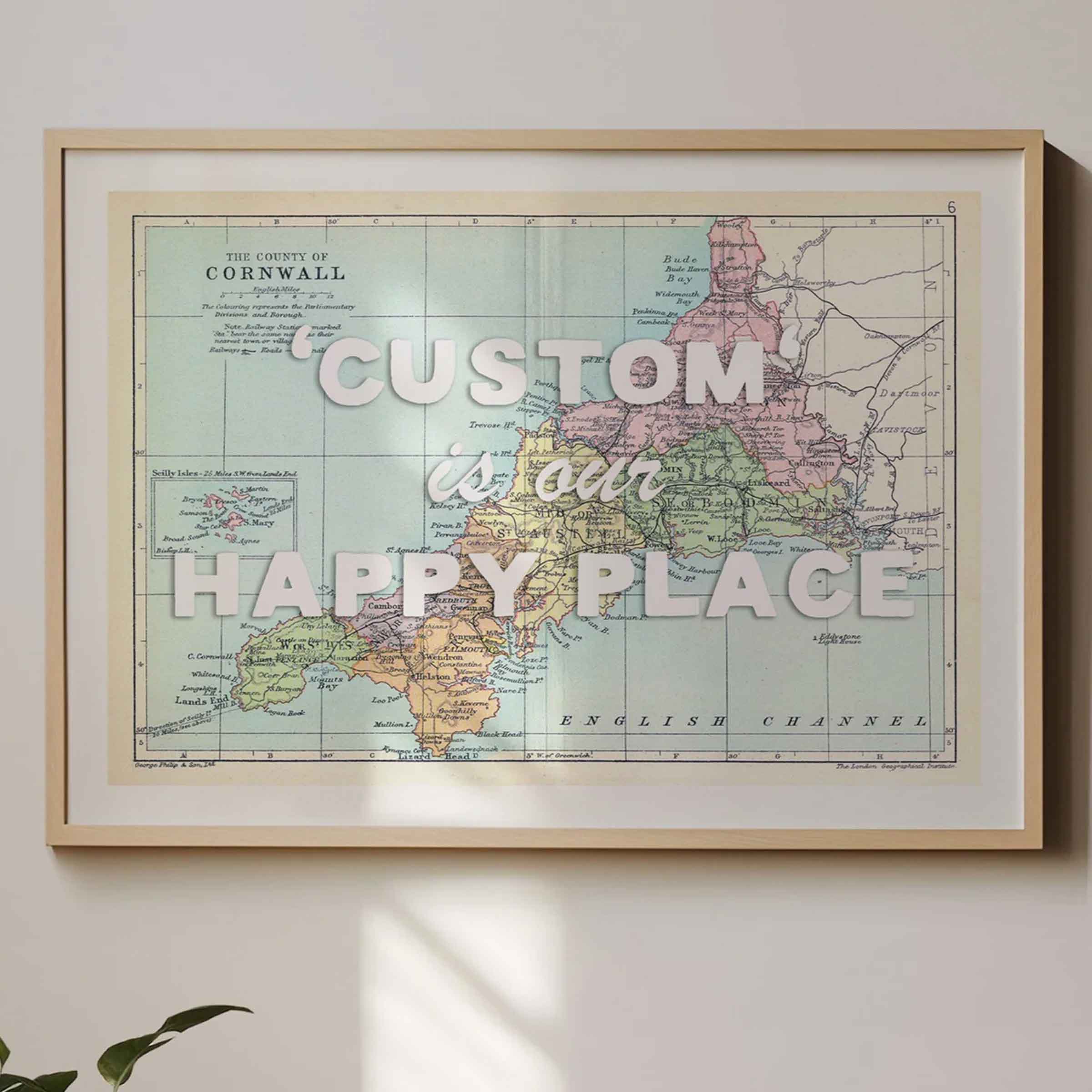 Custom Map Print for Any Location | Personalised Vintage Map Print | White Font