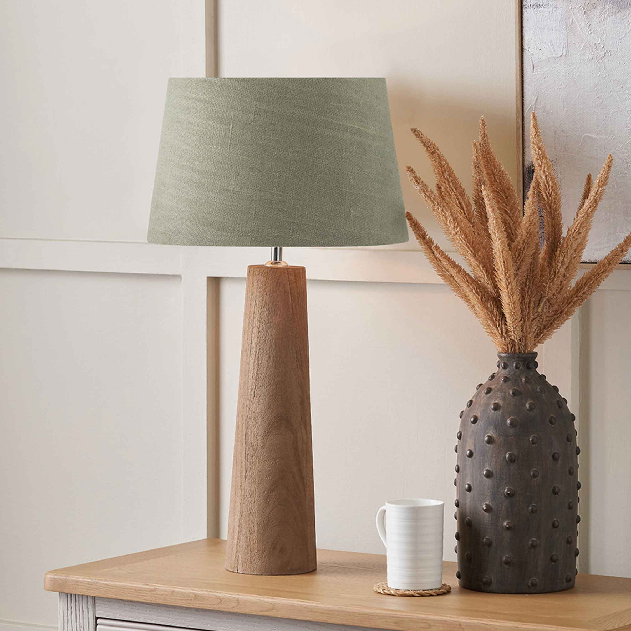 Esha Mango Wood Table Lamp with Pistachio Green Linen Shade