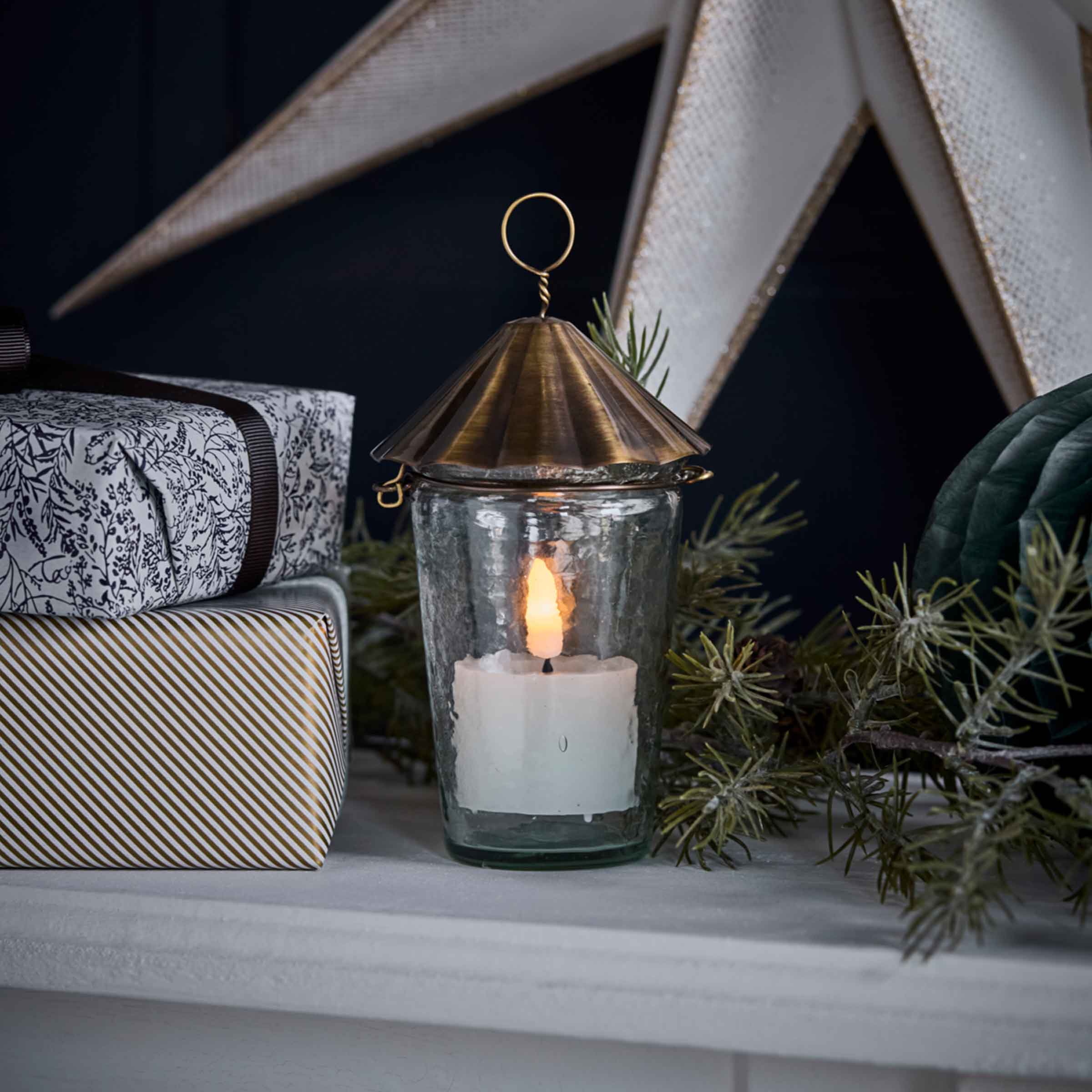 Hang Glass Tealight Holder with Antique Brass Top