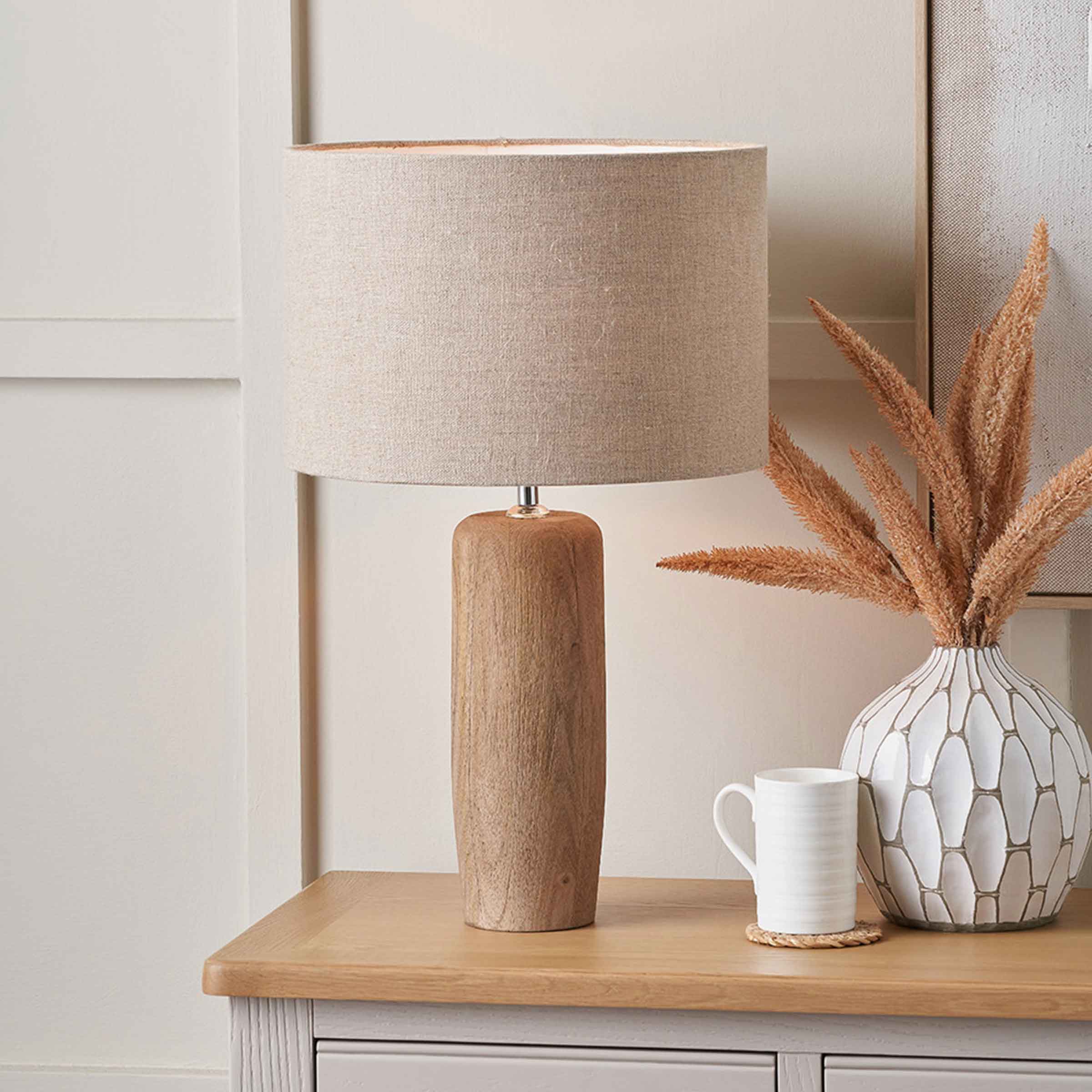 Inaya Mango Wood Table Lamp with Natural Linen Cylinder Shade
