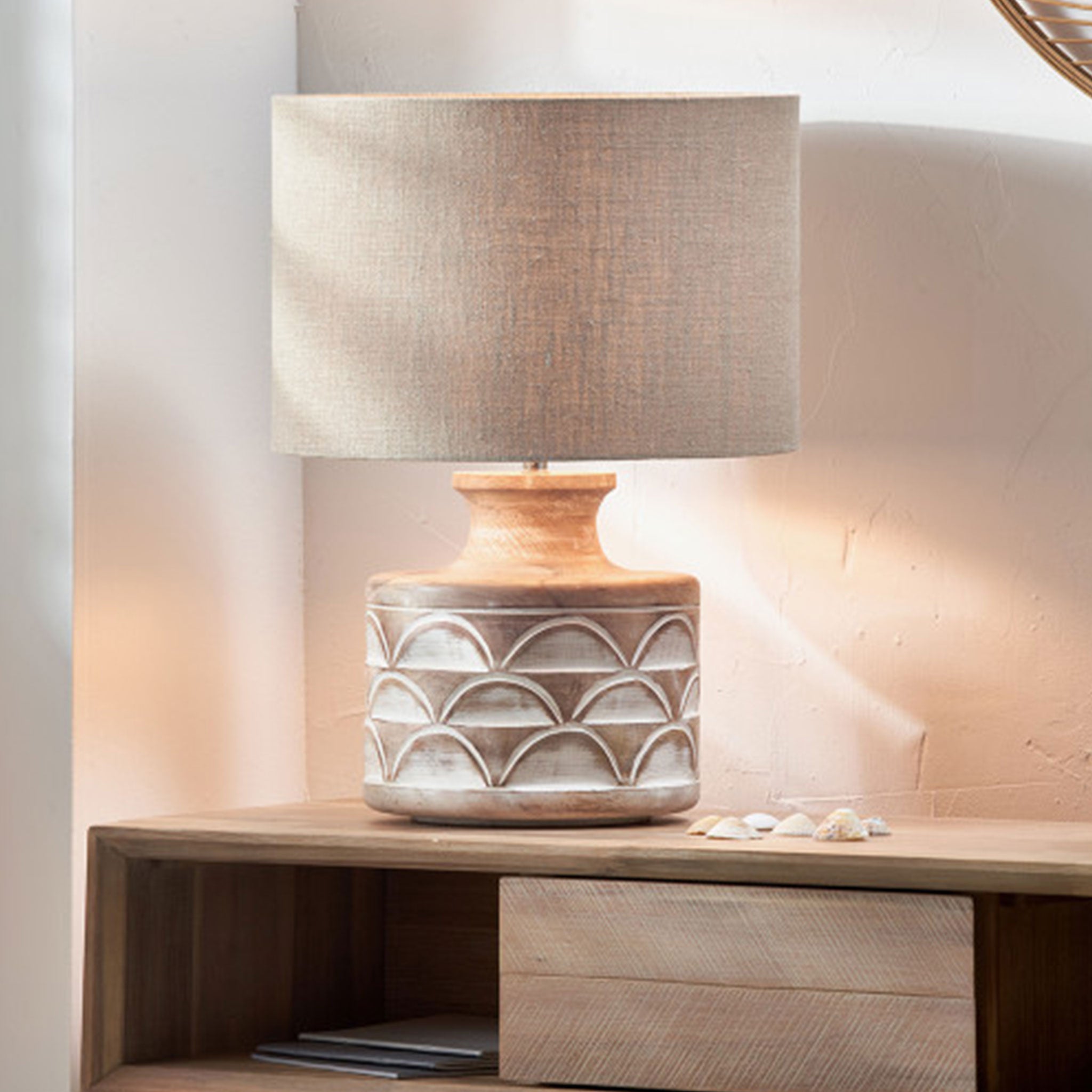 Kingsbury White Wash Carved Wood Table Lamp