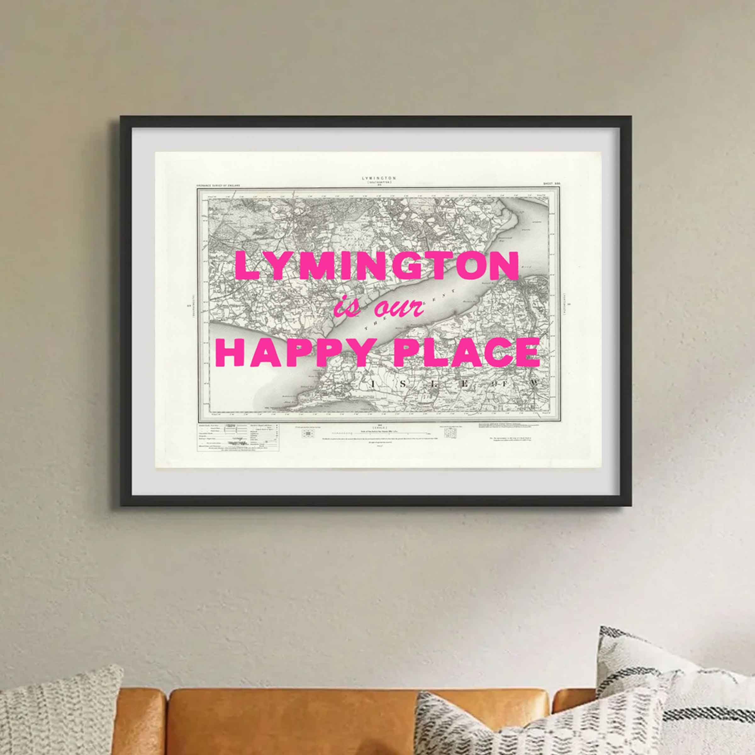 Lymington Our Happy Place | B+W Map Print | Framed