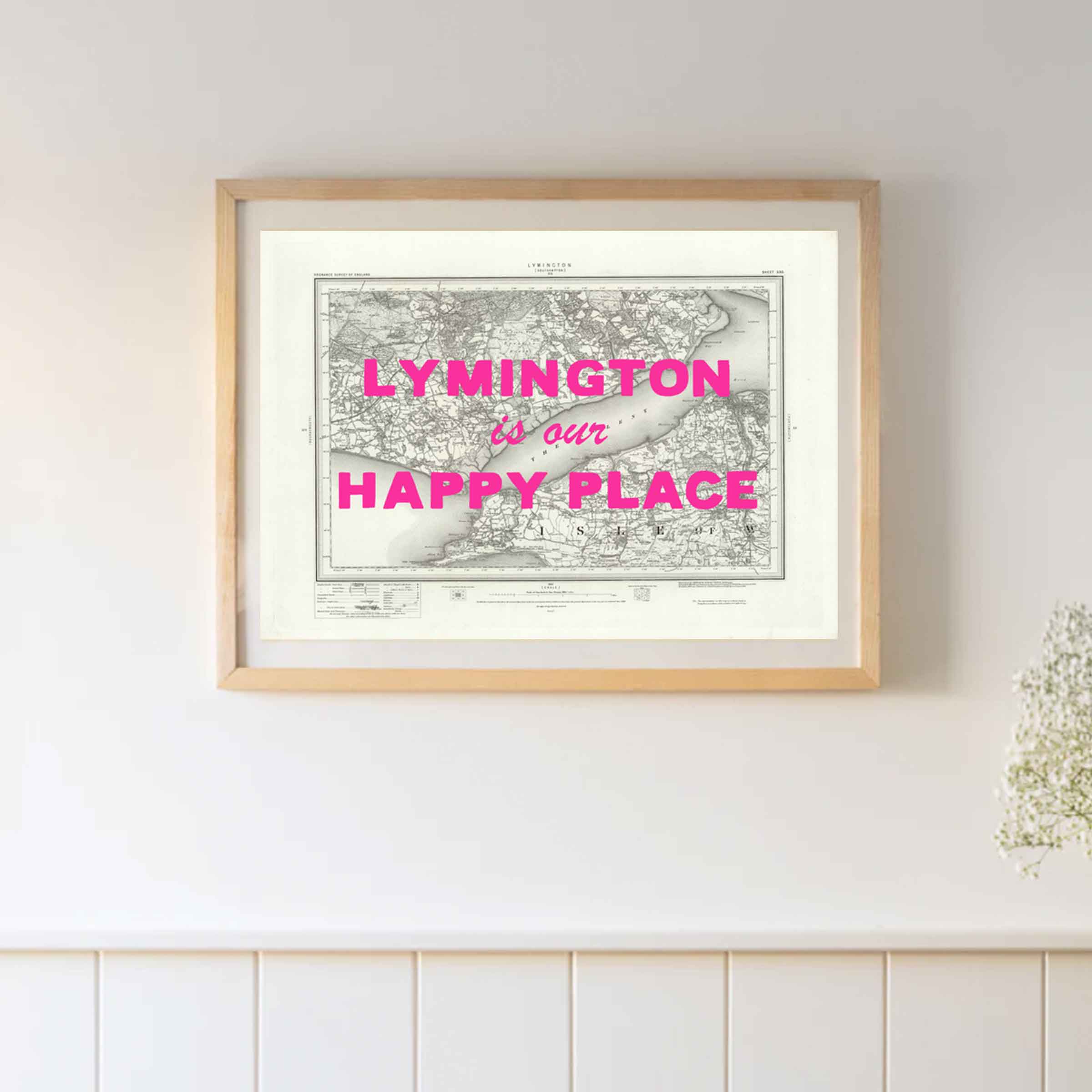 Lymington Our Happy Place | B+W Map Print | Framed