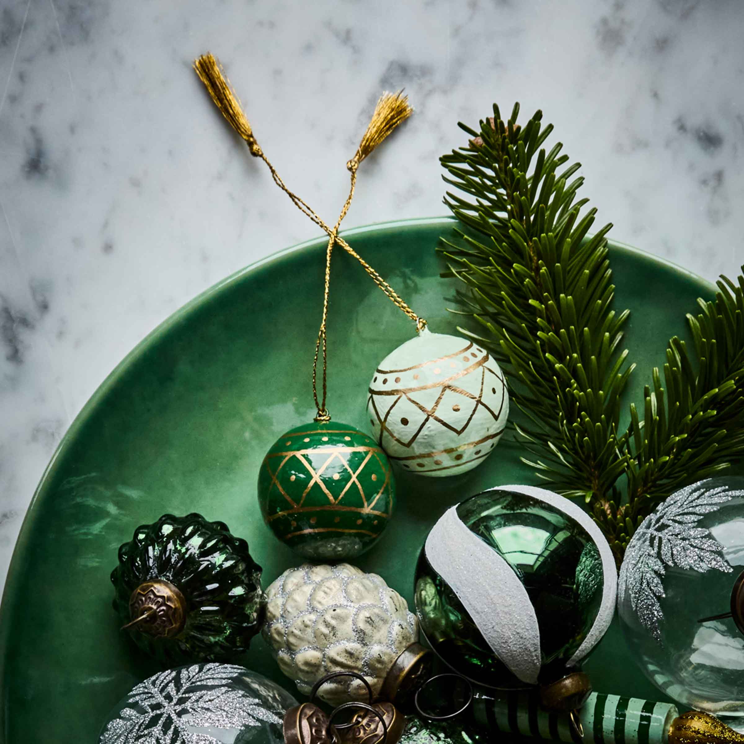 Handcrafted Paper Mache Baubles | Green + Mint | Set of 4