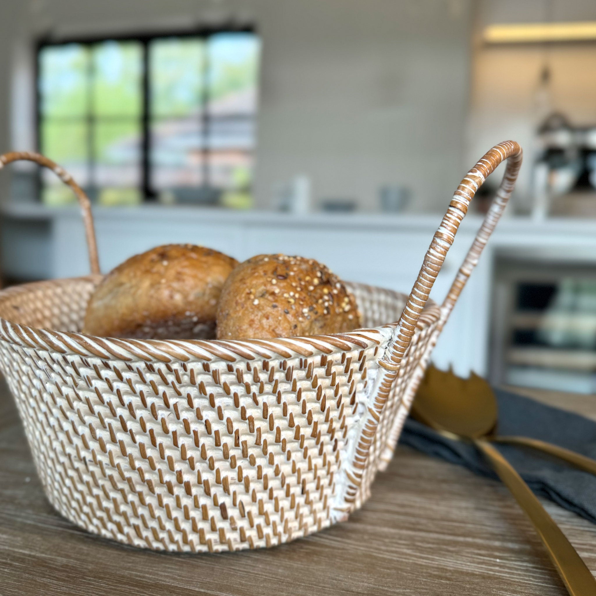 Whitewashed Rattan Round Storage Basket with Handles | Small