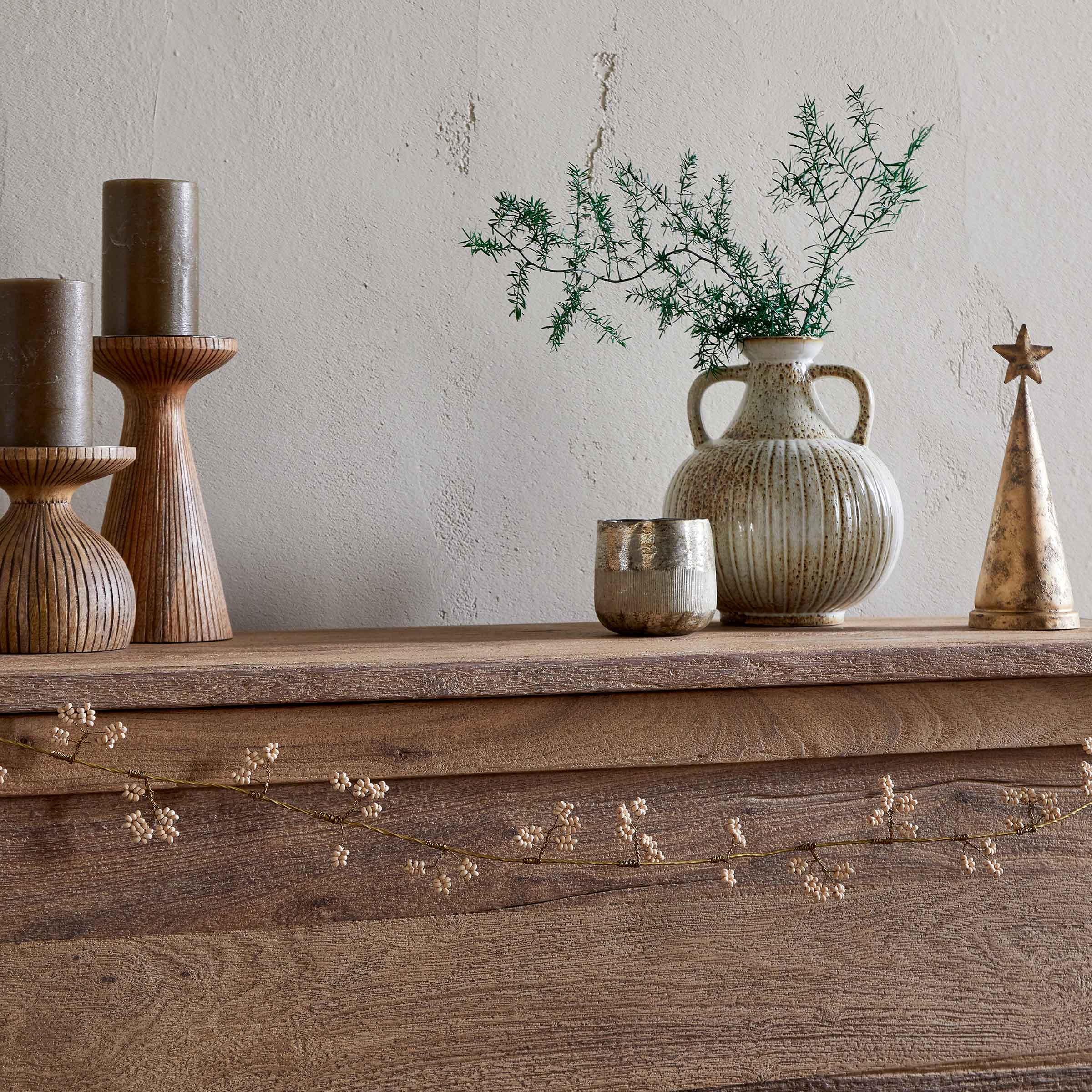 Tanu Mango Wood Beaded Garland | Brass + Natural