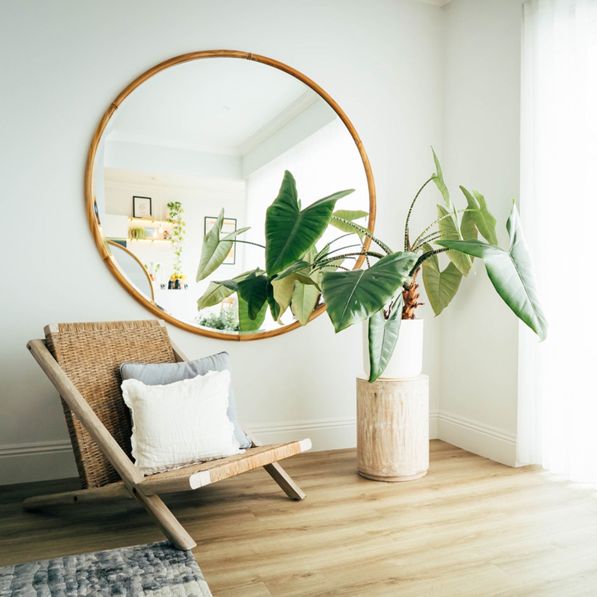 Teak Framed Round Wall Mirror | Large