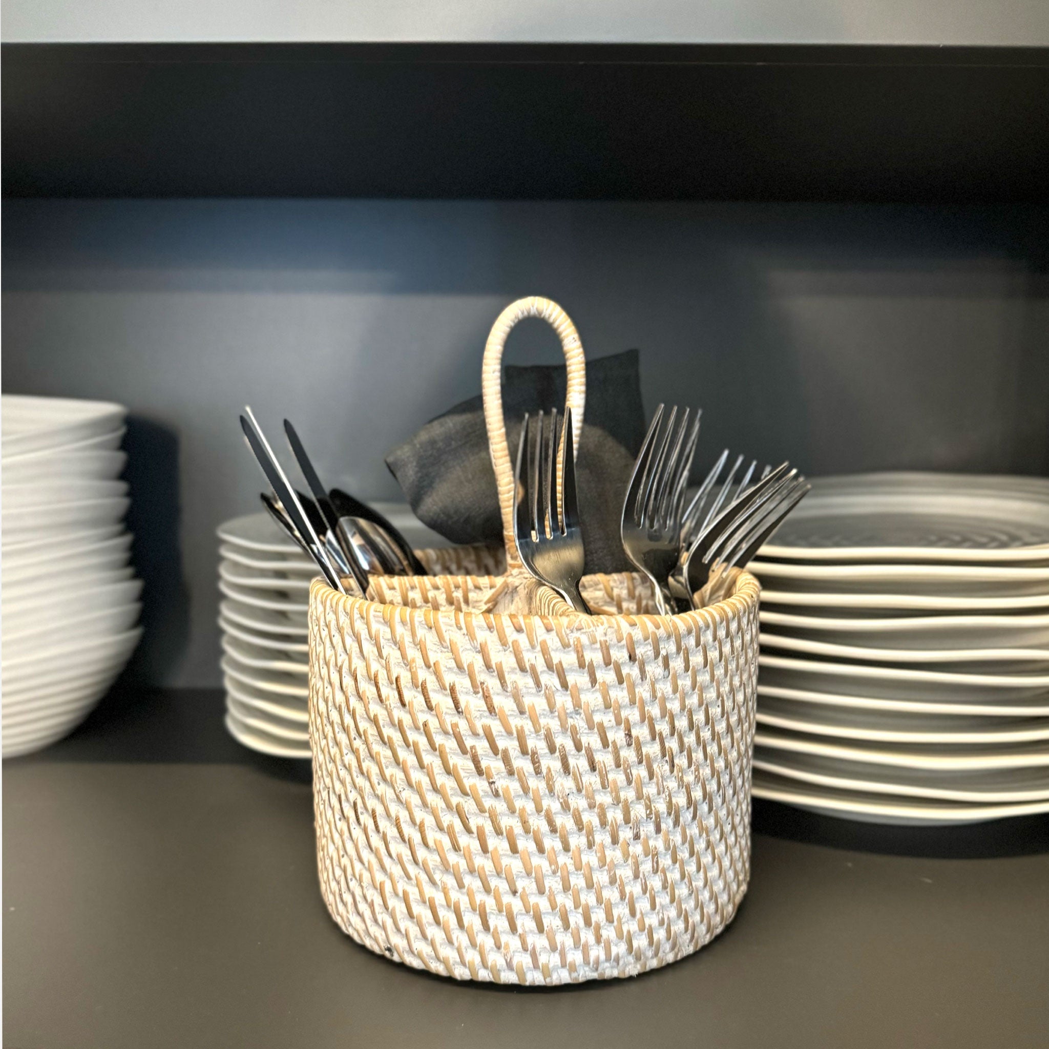 Whitewashed Rattan Cutlery Holder