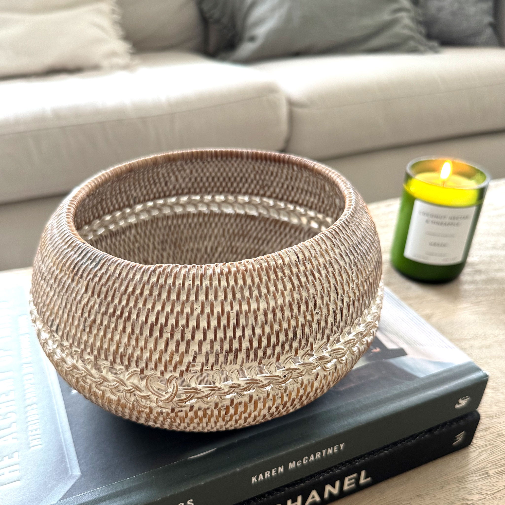 Whitewashed Rattan Round Ribbed Bowl
