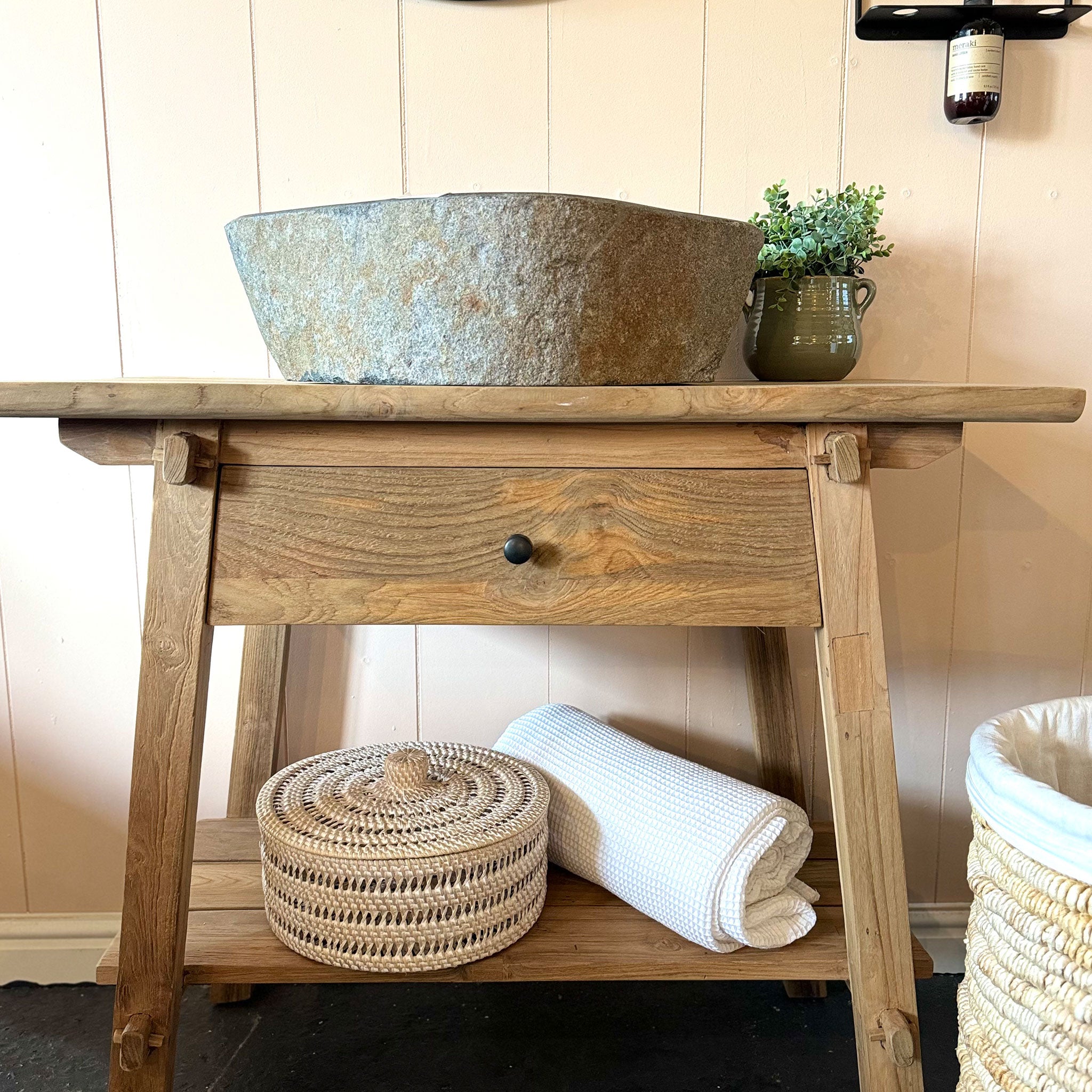 Whitewashed Rattan Round Storage Basket with Lid