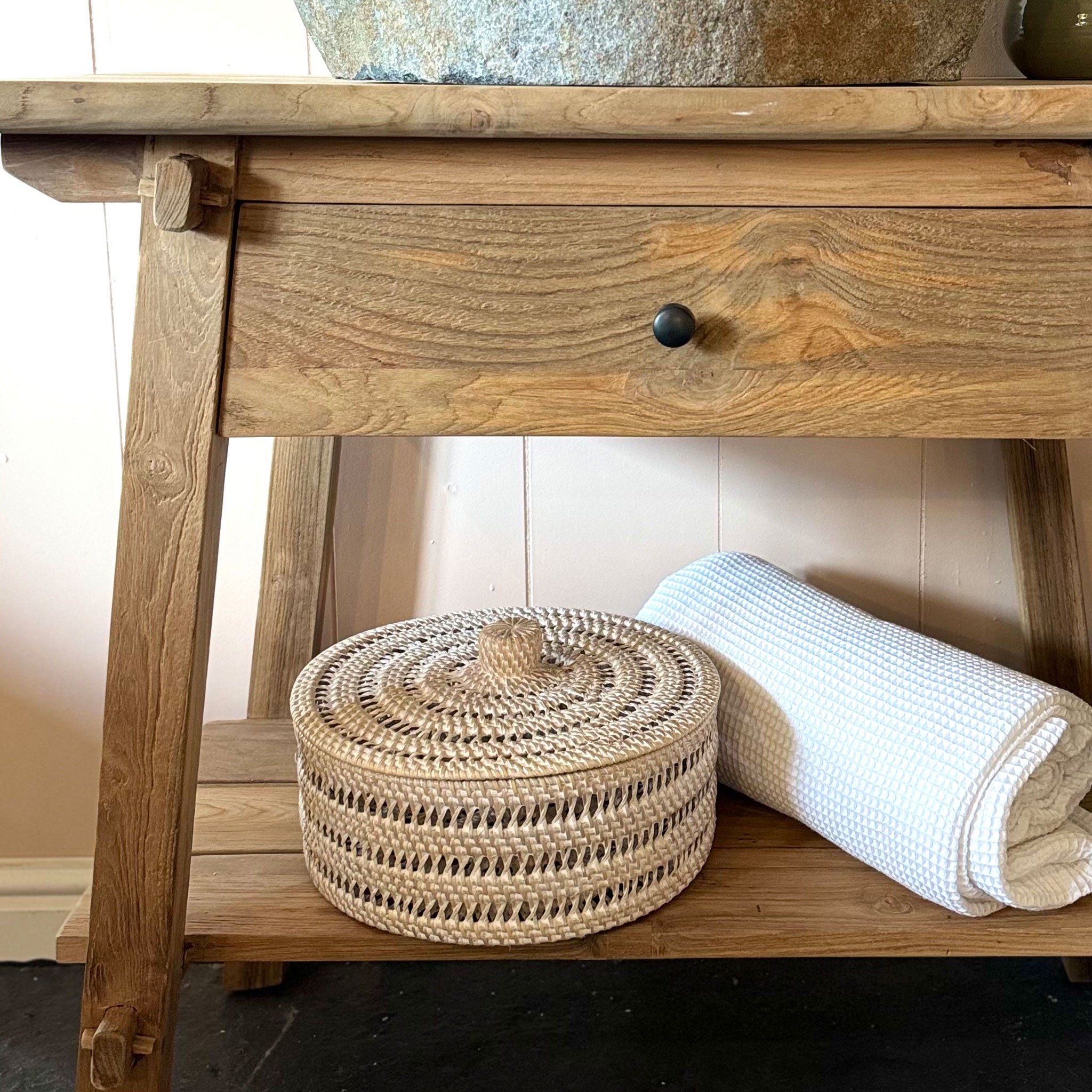 Whitewashed Rattan Round Storage Basket with Lid